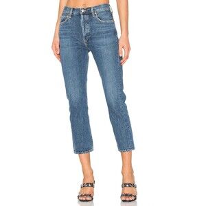 Agolde Womens Riley High-Rise Straight-Leg Crop Blue Jeans Size 28x27